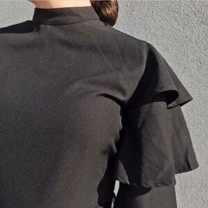 Boohoo Black Ruffle Tiered Sleeve Blouse with High Neck 3/4 Sleeve Sz 4 Minimal
